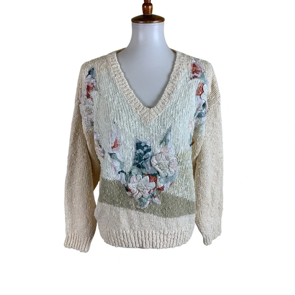 DB‎ Sport David Benjamin Cream Floral Applique Chenille Cottagecore Sweater L